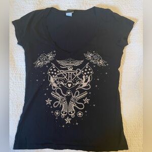 LUCKY 13 Women's Black Cap Sleeve Graphic Tee Size S EUC